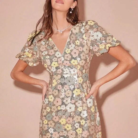 Champagne Gold Romantic Women's Sequin V-Neck Puff Sleeves Mini Dress - Picture 5 of 8